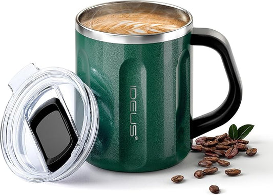 Ideus 16 oz Coffee Cup, Stainless Steel Coffee Travel Mug, Spill Proof Tea Mug with Handle and Lid, Lightweight and Durable, Great for Office Home and Outdoor Use, Deep Green-FUJI FLOW