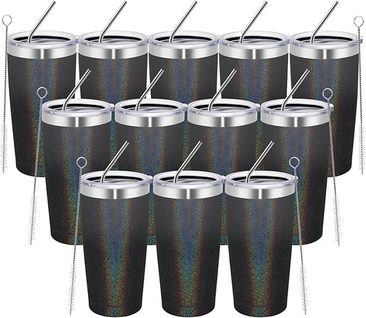 MEWAY 20oz Tumbler 12 Pack Double Wall Vacuum Insulated Travel Glitter Mug Bulk, Stainless Steel Tumblers with Lid and Straw, Powder Coated Coffee Cups for Woman(Gradient Black,Set of 12)