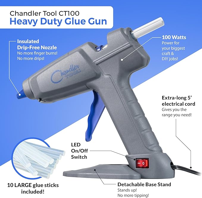Chandler Tool Full Size Hot Glue Gun And Sticks Set for Crafts and DIY Pistola De Silicona Caliente Inalambrica Complete Heavy Duty Hot Glue Gun Kit With 10 Jumbo Glue Sticks (Blue)
