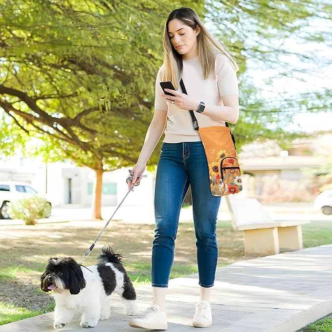 Cartoon Orange Sunflowers and Poppy Flowers Water Bottle Holder with Strap Insulated Water Bottle Carrier Crossbody Bags Pouch with Phone Pocket for Travel Gym Hiking Walking Running