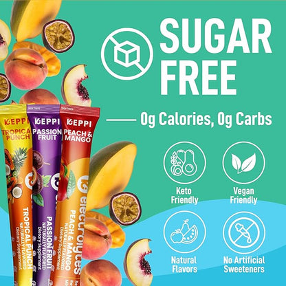 Keppi Electrolytes Powder Packets Tropical Flavors 30 Servings – No Sugar Hydration Supplement with Potassium, Magnesium, Sodium – Keto, Vegan, Fasting-Friendly, Zero Calorie Hydration Packets