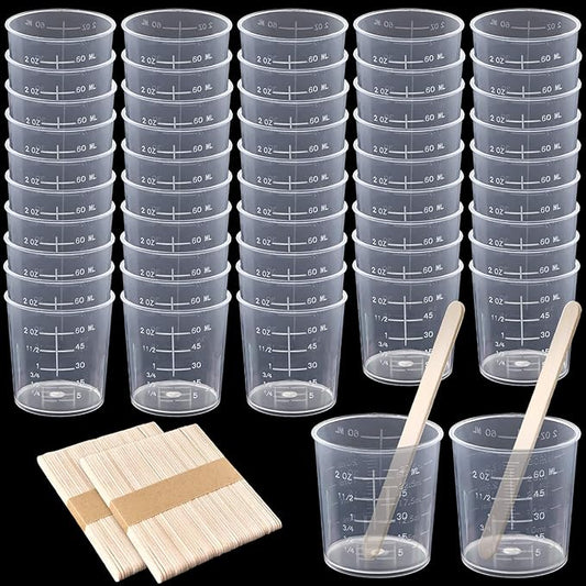 Coopay 50 Pack 60ml/2oz Plastic Graduated Cups Transparent Scale Clear Epoxy Mixing Cup with 100 Pack Wooden Stirring Sticks for Resin, Epoxy, Stain, Mixing Paint