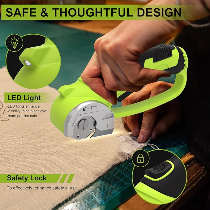 Cordless Electric Scissors,4V Rechargeable Electric Box Cutter for Cardboard, Heavy Duty Cardboard Cutter for Fabric,Rotary Cutter with LED Light for Crafts Leather, Plastic or Carpet,Green