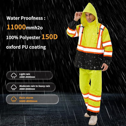 Hi Vis Safety rain Jacket，Reflective Class 3 Rain coat with Inner Mesh Lining and Pockets High Visibility Waterproof work Rain Suits for men&women（Yellow,LG/XL）