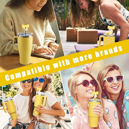 4Pcs Silicone Straw Toppers Covers for Stanley Cups 40/30oz 10mm(0.4in) Lemon Yellow Dust-Proof Bow Straw Covers Toppers Suitbale for Stanley Cup Accessories Reusable Straws Caps