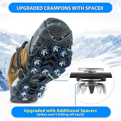 SYOURSELF Ice Cleats, Crampons Ice Cleats for Shoes and Boots Women Men Kids, Non Slip Grippers Spikes for Shoes with Straps, Ice Traction Cleats for Snow and Ice, Hiking, Walking, Fishing, Climbing