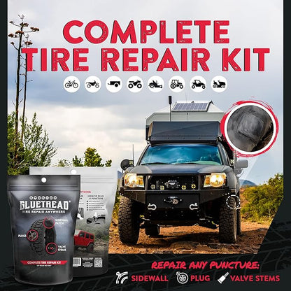 GlueTread Complete Off-Road Tire Repair Kit - Fix Sidewall Damage and Punctures - Includes Heavy Duty Tire Patch Kit, Plugs & Colby Emergency Valve Stem - Enhanced Rubber Formula, Fast Setting
