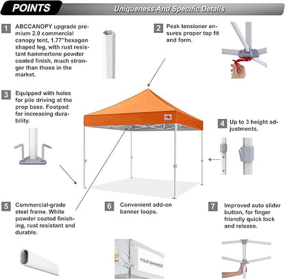 ABCCANOPY Commercial Pop Up Canopy Tent 10x10 Premium-Series, Orange