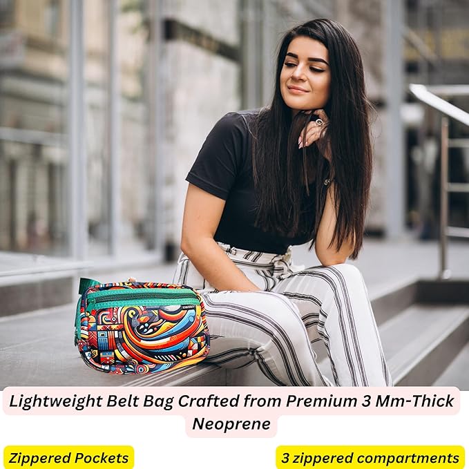 Yewande&co Neoprene Fanny Pack Belt Bag – Lightweight Waterproof Waist Bag with Adjustable Strap, 3 Zippered Pockets, Crossbody Belt Bag for Travel, African Design Crossbody Bags (Oceans)