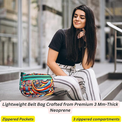 Yewande&co Neoprene Fanny Pack Belt Bag – Lightweight Waterproof Waist Bag with Adjustable Strap, 3 Zippered Pockets, Crossbody Belt Bag for Travel, African Design Crossbody Bags (Oceans)