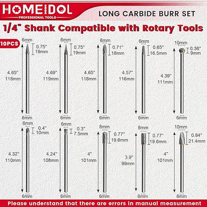 10Pcs Long Carbide Burr Set 1/4" Shank Die Grinder Bits, HOMEIDOL 4"(100mm) Long Rotary Files Tungsten Carbide Rotary Burr Set, Carbide Drill Bits for Metal Stone Wood Carving Engraving Deburring