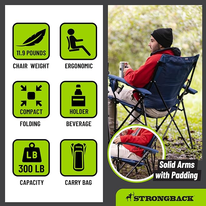 STRONGBACK Elite Folding Camping Lawn Lounge Chair Heavy Duty Camp Outdoor Seat with Lumbar Support and Portable Carry Bag - Lime/Grey