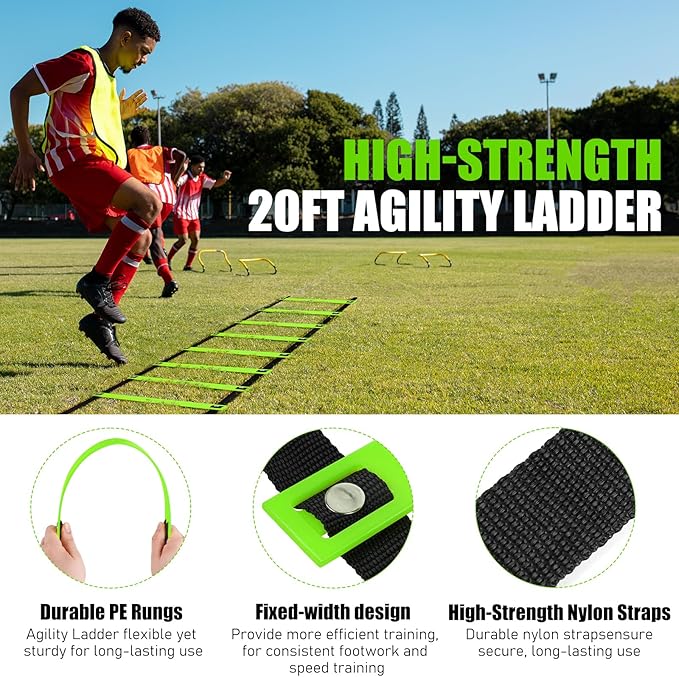 Agility Speed Training Equipment Set, Football Practise Set with 20ft Agility Ladder, 12 Cones, 4 Adjustable Hurdles, Jump Rope, Parachute, for Basketball, Soccer, Football, Kids, Youth, Adults