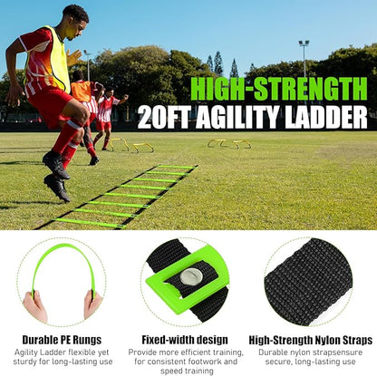 Agility Speed Training Equipment Set, Football Practise Set with 20ft Agility Ladder, 12 Cones, 4 Adjustable Hurdles, Jump Rope, Parachute, for Basketball, Soccer, Football, Kids, Youth, Adults