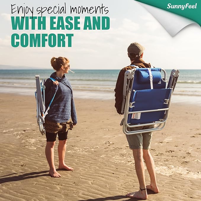 SUNNYFEEL Extra Wide Low Beach Chair 2 Pack 5 Position Lay, XL Oversized Portable Folding Camping Chairs with Cup Holder for Outdoor/Sand, Foldable Backpack Beach Chair for Adults Heavy Duty 500 LBS