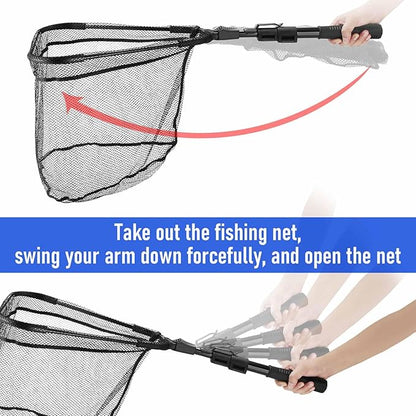 Fishing Net with Handle, Telescoping & Folding Fish Net for Easy Transport & Storage, Durable Freshwater & Saltwater Fishing Gear for Kids & Adults, Compact & Portable Design