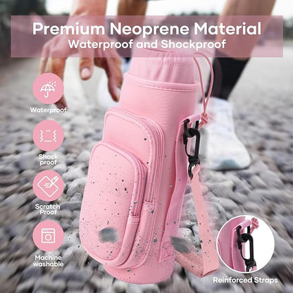 linmaya Water Bottle Carrier Bag, Insulated Water Bottle Bag Fits Stanley IceFlow Owala 16/24/32/40oz Tumbler, Water Bottle Holder with Shoulder Hand Straps, 2 Pockets for Travel, Hiking, Camping