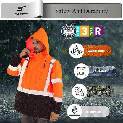sesafety Hi Vis Rain Jacket, Rain Suits for Men Waterproof withBlack Bottom, Rain Coats for Men Interior Mesh, Class 3 HighVisibility Rain Gear,Removable Hood