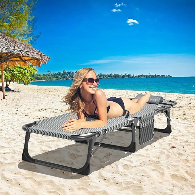 DoCred Heavy Duty Chaise Lounge Chair, Adjustable 5-Position Folding Chaise Lounge Chairs for Outside, Portable Lay Flat Beach Lounge Chair for Outdoor Sunbathing Beach Pool Lawn Camping