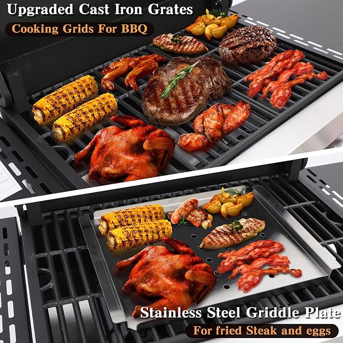 CIG GARDEN 3 Burner Propane Gas Grill, 31,500 BTU Output Outdoor BBQ Grill with Cast Iron Grates and Versatile Grill Pan, Perfect for Outdoor Cooking, Balcony, Backyard, Camping, Barbecue