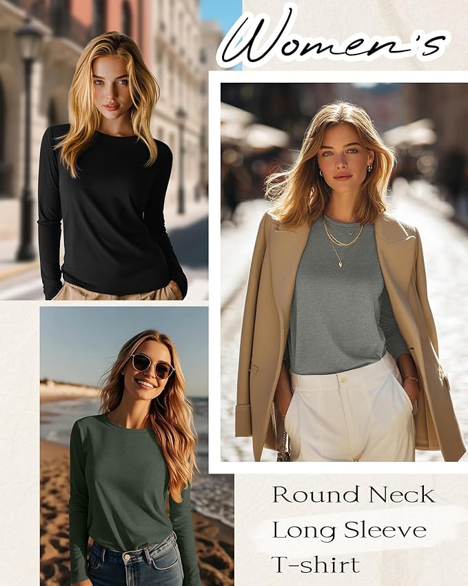 Huukeay 5 Pack Women's Crew Neck Long Sleeve Shirts, Cotton Blend Casual Clothes Workout Basic Layering Tee Tops Multipack