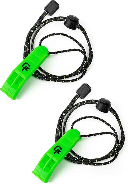 Gradient Fitness Emergency Whistles (2 Pack) | Loud Pealess Plastic Survival Whistle with Adjustable Lanyard, Clip & Reflective Stitching. Quick Safety Access for Swimming, Boating, Surfing, Hiking