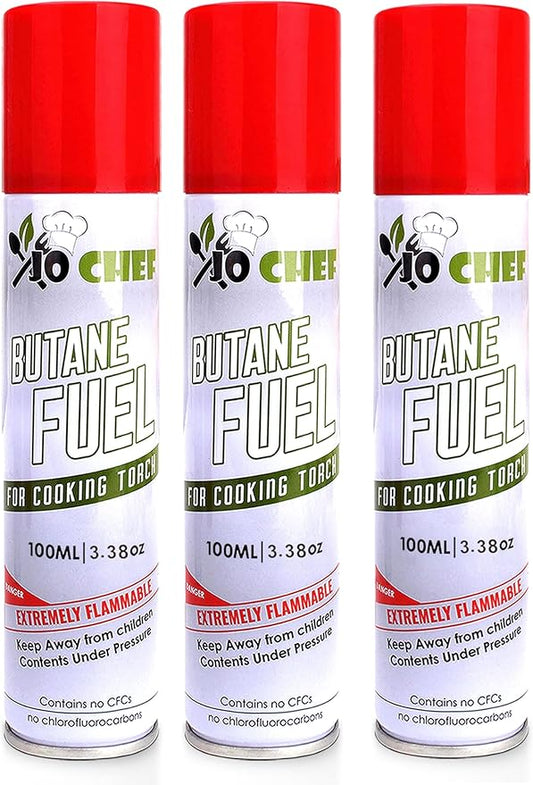 Jo Chef Butane Fuel Refill, Fuel Canister, Universal Refill Gas Lighter, Kitchen Torch, Fuel Butane Torch fluid – Universal Tip – (3 Cans)