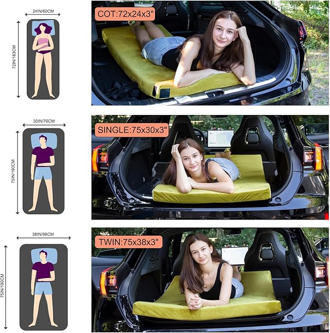 Memory Foam Camping Mattress Sleeping Pad, 3" Thick Waterproof Portable Roll Up Sleeping Mats & Floor Mattress Pad with Pillow + Travel Bag for Camping Car Truck SUV Tent Sleepover Kids Adult