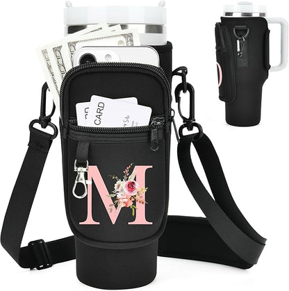 Initial Water Bottle Holder with Strap for Stanley 40 oz Tumbler/Simple Modern 40 oz Tumbler,Water Bottle Carrier Bag with Strap,Personalized A-Z Phone Pocket for Stanley Cup Accessories