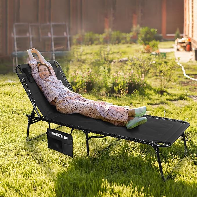 VILLEY Oversized Padded Chaise Lounge with Cushion, Foldable Camping Cot, Patio Reclining Lounge Chairs, Folding Sleeping Bed for Outdoor, Indoor, Backyard, Garden, Camping, Relaxing, Beach Tanning