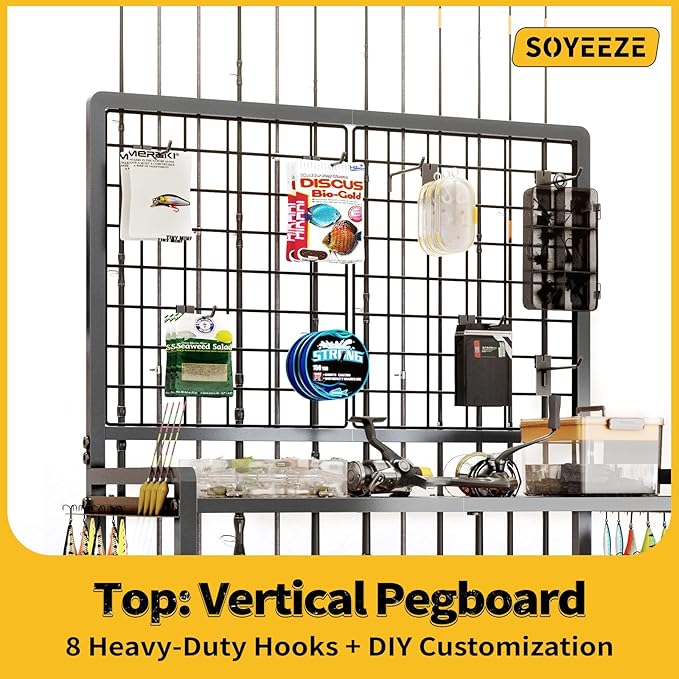 SOYEEZE Large Size Fishing Rod Holders for Garage, Heavy Duty 3-Tier Fishing Pole Rack with Pegboard and Hooks, Fishing Gear Organizer Up to 12 Rods, Rolling Fishing Storage Cart with Lockable Wheels