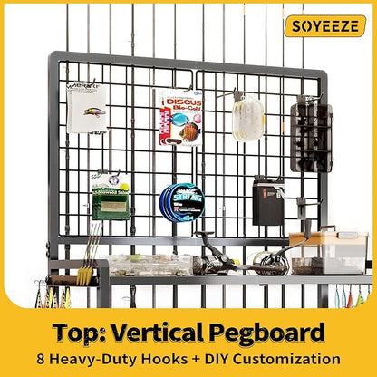 SOYEEZE Large Size Fishing Rod Holders for Garage, Heavy Duty 3-Tier Fishing Pole Rack with Pegboard and Hooks, Fishing Gear Organizer Up to 12 Rods, Rolling Fishing Storage Cart with Lockable Wheels