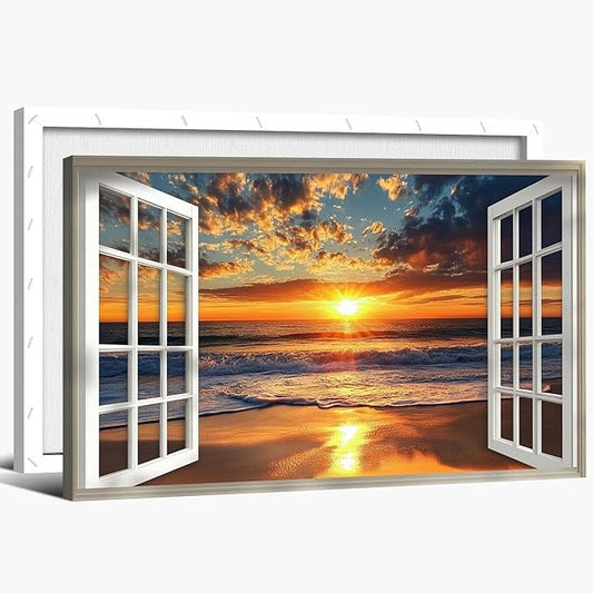 ANRUOXI Beach Picture Wall Art for Living Room, Ocean & Sunset Painting Decor for Bedroom, White Window Frame Style Sea Canvas Wall Decor, Summer Coastal Landscape Artwork for Home Office 24x36 Inch