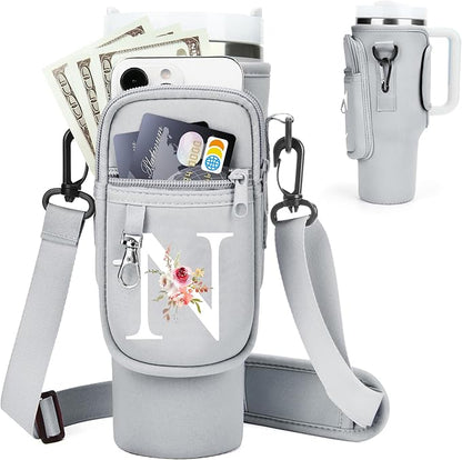 Initial Water Bottle Holder with Strap for Stanley 40 oz Tumbler/Simple Modern 40 oz Tumbler,Water Bottle Carrier Bag with Strap,Personalized A-Z Phone Pocket for Stanley Cup Accessories