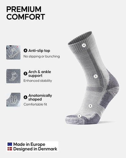 DANISH ENDURANCE Merino Wool Hiking Crew Socks for Men & Women, Cushioned Anti-Blister, Breathable - 3 Pairs