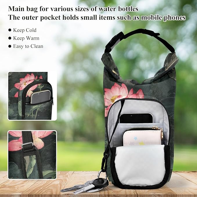 Chinese Style Lotus Flower Water Bottle Holder with Strap Insulated Water Bottle Carrier Crossbody Bags Pouch with Phone Pocket for Travel Gym Hiking Walking Running
