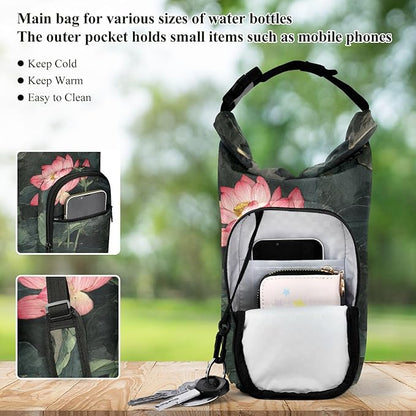 Chinese Style Lotus Flower Water Bottle Holder with Strap Insulated Water Bottle Carrier Crossbody Bags Pouch with Phone Pocket for Travel Gym Hiking Walking Running