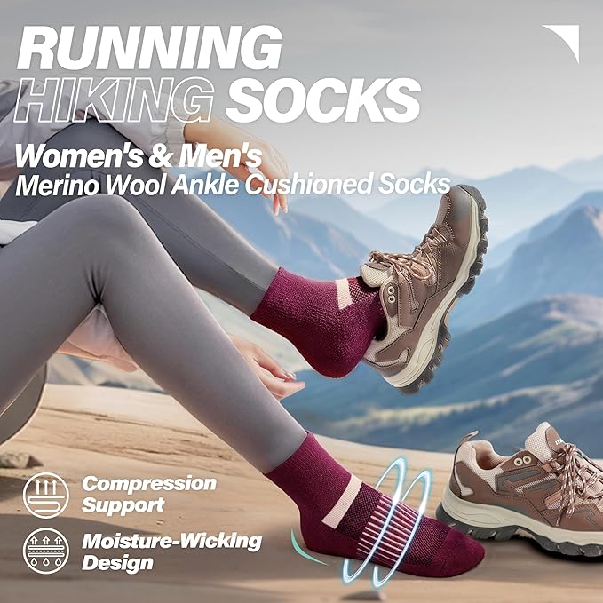 6 Pairs Merino Wool Ankle Running Hiking Socks Compression Support Breathable Thick Cushion No Show Socks for Women Men