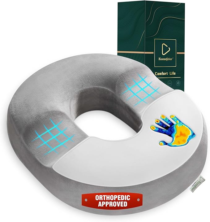 Donut Cushion Memory Foam Hemorrhoids Cushion for Postpartum & Coccyx & Tailbone Pain Pressure Relief for Office Chair, Wheelchair, Office, Car Seat (Grey)