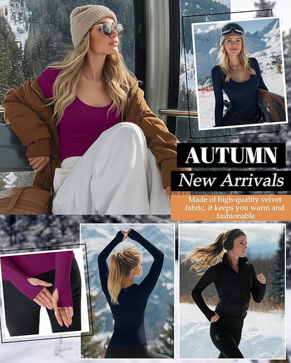 Riyiper 3 Pack Women's Thermal Long Sleeve Shirts, Fleece Scoop Neck Fitted Top Stretchy Thumb Holes Undershirt Baselayer Tee