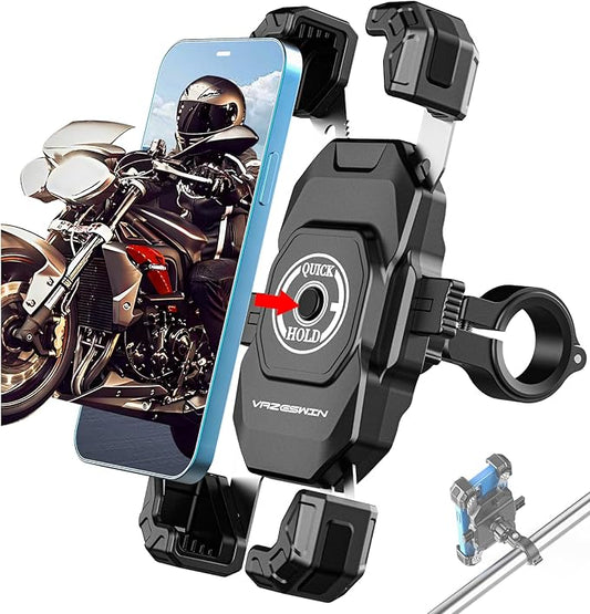 Motorcycle Phone Mount, 1s Lock Bike Phone Holder, One-Handed Operation Motorcycle Cellphone Mount with Aluminum Alloy Handlebar Mounting Base for Bicycle Scooter, Fit 5.4"-7" Smartphone