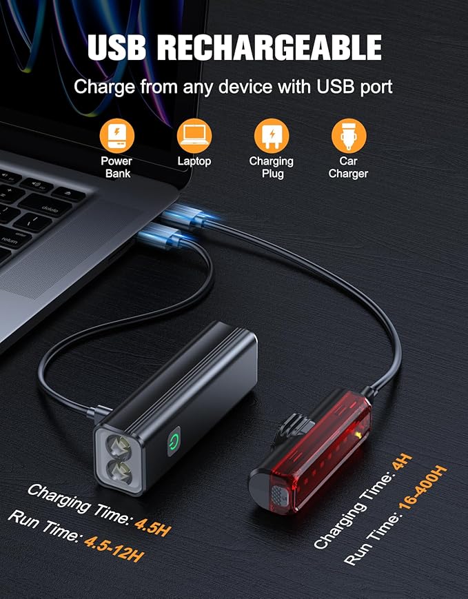 Bike Lights, 1200 Lumen USB Rechargeable LED Bike Light Set, Super Bright Bicycle Lights Front & Back Tail Light, Aluminum Alloy Cycling Bike Flashlight Torch, 5 Light Modes, IPX5 Waterproof