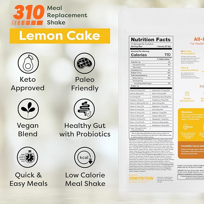 310 Nutrition All-In-One Meal Replacement Shake Powder - Plant-Based Protein Smoothie Blend w/ High Fiber, Probiotics & Adaptogens - Low Carb, Vegan, Keto & Paleo Friendly - Lemon Cake - 14 Servings