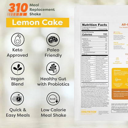 310 Nutrition All-In-One Meal Replacement Shake Powder - Plant-Based Protein Smoothie Blend w/ High Fiber, Probiotics & Adaptogens - Low Carb, Vegan, Keto & Paleo Friendly - Lemon Cake - 14 Servings