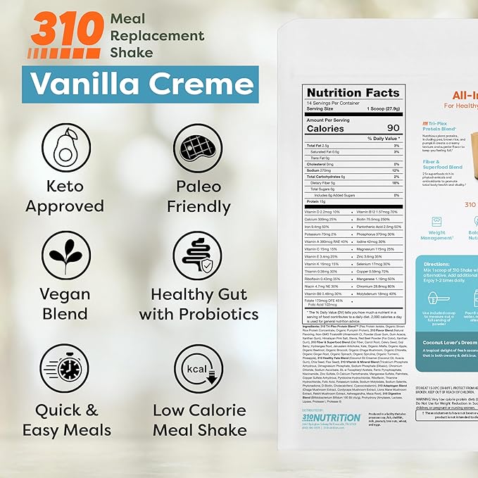 310 Nutrition All-In-One Meal Replacement Shake Powder - Plant-Based Protein Smoothie Blend w/High Fiber, Probiotics & Adaptogens - Low Carb, Vegan, Keto & Paleo Friendly - Vanilla Creme - 14 Srv