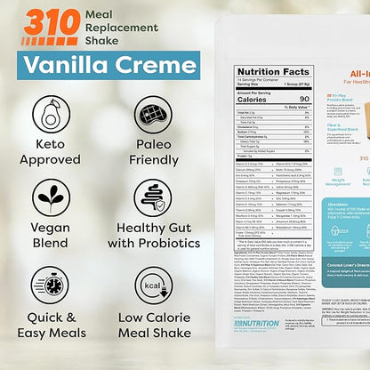 310 Nutrition All-In-One Meal Replacement Shake Powder - Plant-Based Protein Smoothie Blend w/High Fiber, Probiotics & Adaptogens - Low Carb, Vegan, Keto & Paleo Friendly - Vanilla Creme - 14 Srv
