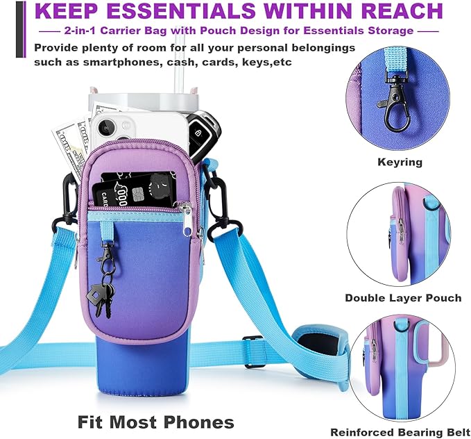 Water Bottle Carrier Bag with Phone Pocket for Stanley 40 & 30 oz Tumbler with Handle,Pink Insulated Neoprene Cup Holder Pouch w/Adjustable Strap for Quencher H2.0 Stanley Cup Accessories