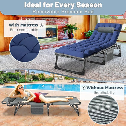 Slsy Sleeping Cots for Adults, 5-Position Folding Chaise Lounge Chairs Outdoor, Portable Folding Bed Cot Lounge Chair for Beach Lawn Camping Pool Sun Tanning