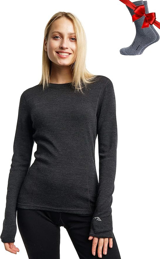 Merino.tech Merino Wool Base Layer Women - 100% Merino Wool Heavyweight, Midweight, Lite Long Sleeve Thermal Shirt and Socks