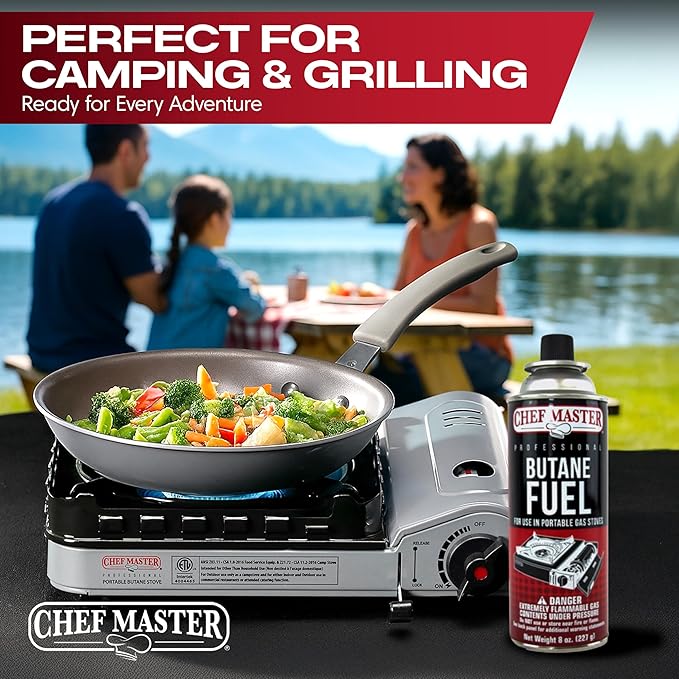 Chef Master 4x 8oz Butane Fuel Canister - Butane Refill for Kitchen Torch & Camp Stove - Gas Canister for Picnics, Outdoor Cooking, Grilling - Camping Stove, Torch Fuel Camping Essentials - 90340